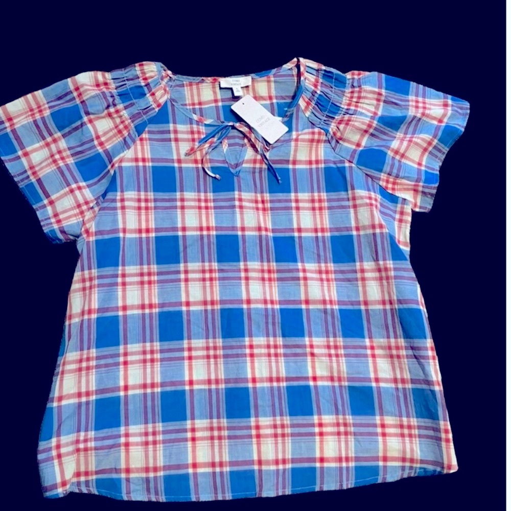 NWT Como Vintage Cotton Plaid Keyhole Peasant Blouse Shirt Top D-H2U158ND J91